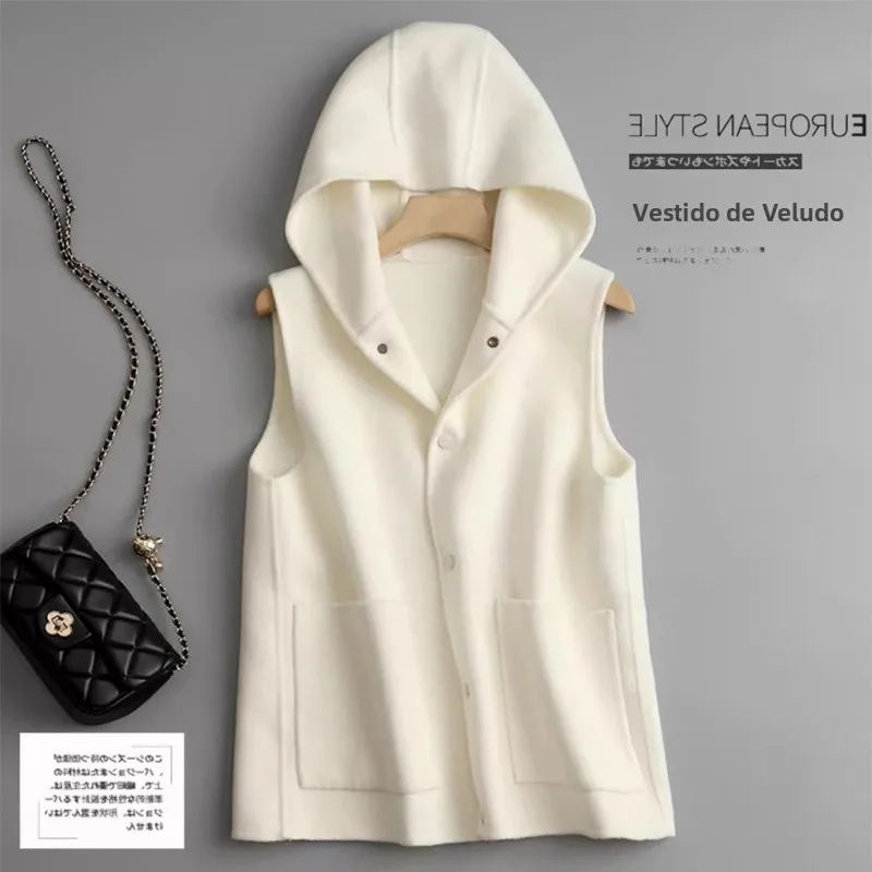 

Double-Sided Woolen Vest Hooded Sleeveless Women's Jacket Fashionable Versatile Chinese Brand Quality Ladies Short Coat