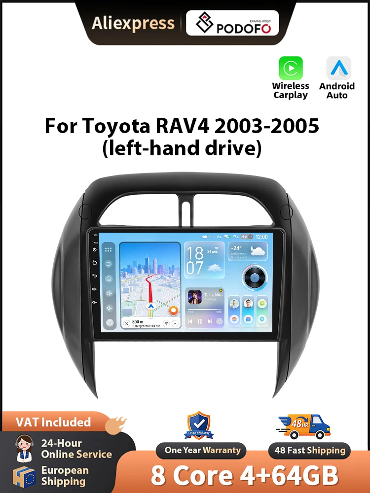 Podofo Autoradio für Toyota RAV4 2003-2005, kabelloses CarPlay, Android-Headunit, GPS-Navigation, WLAN, FM/RDS, Car-Player, BT, EQ