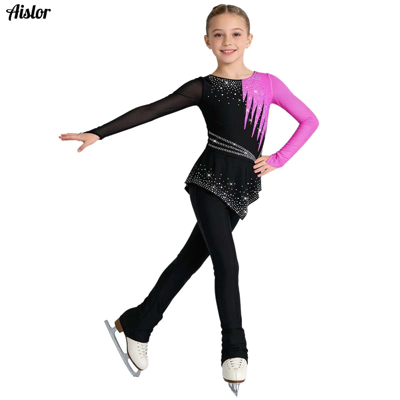 

Kids Girls Color Block Ballet Jersey Acrobatics Gymnastics Skirted Jumpsuit Shiny Bodysuit Romper for Figure Skating Lyrical