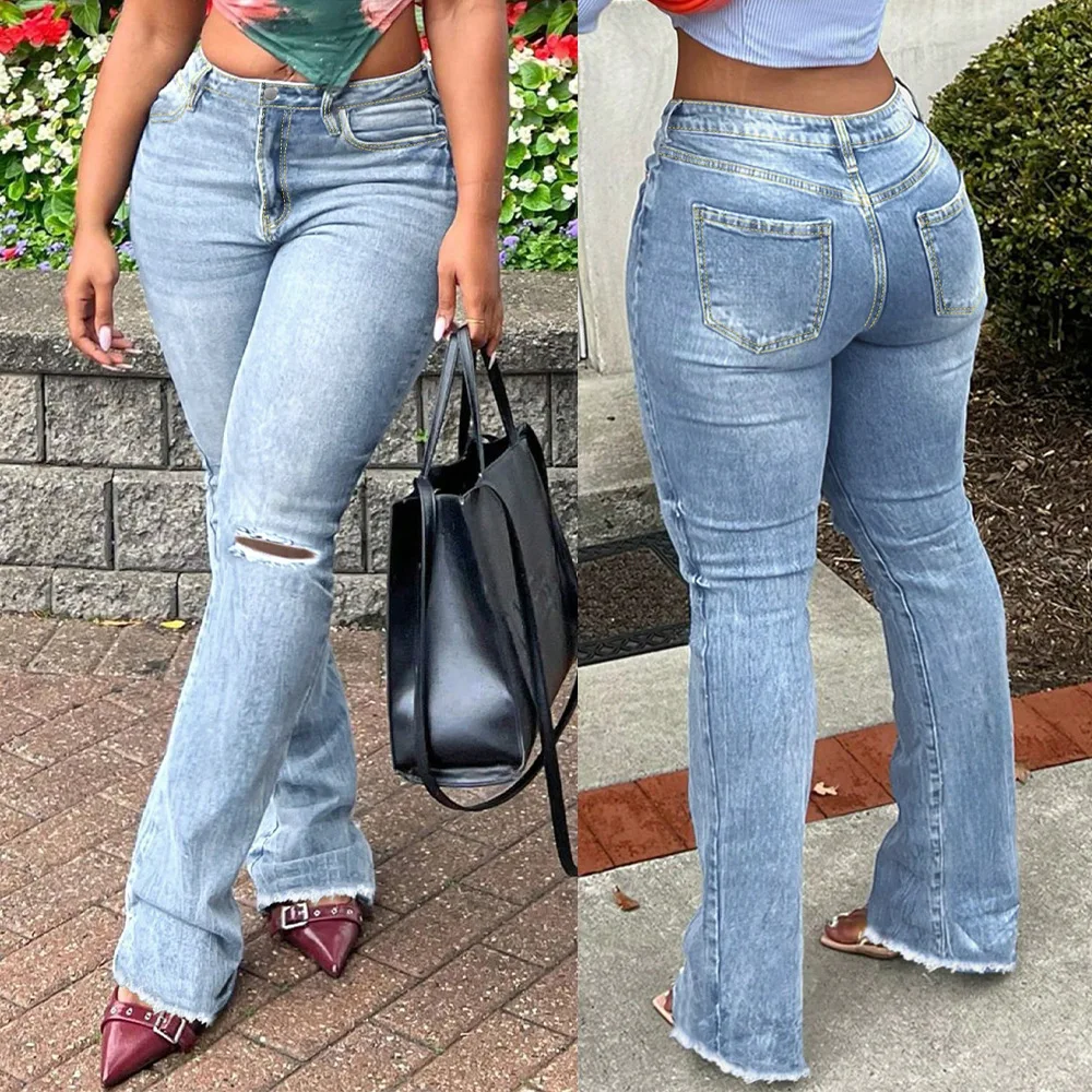 Women Bootcut Jeans Denim Pant Vintage Washed Distressed Frayed Hem Straight Trousers Y2k Streetwear Work Casual Slim Fit summer