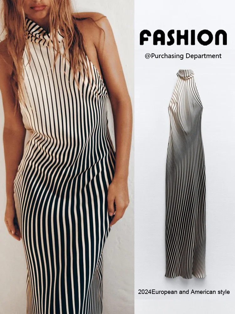 Zomer Nieuwe vrouwen Losse oulder Zijde Satijn Streep Casual Dr Hoge Taille Lange Sve ronde Ne H-ape pendelen Sle Dr