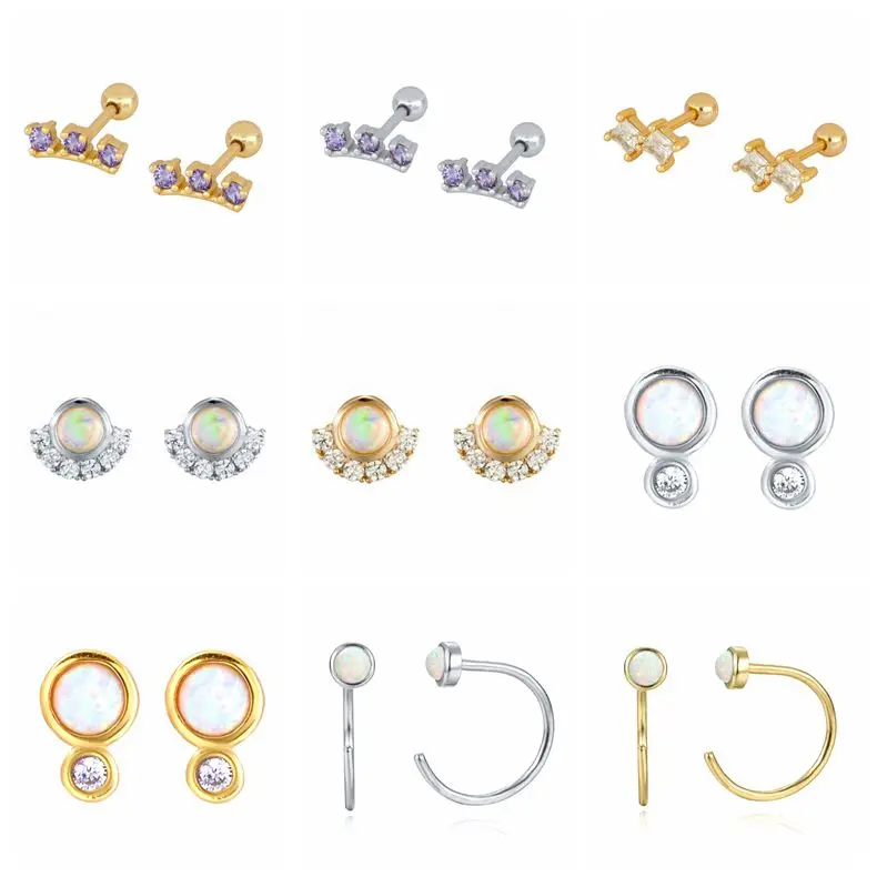 

925 Silver Ear Needle Stud Earrings Circle Bling Zircon Cartilage Ear Bone Earlobe Buckle for Women Small Piercing Pendientes