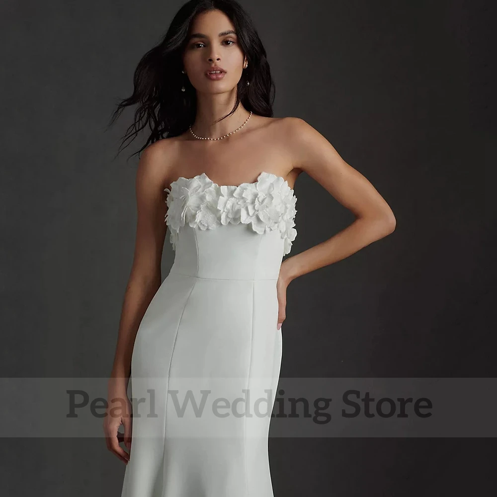 Vestido de novia sencillo de sirena sin tirantes con flores, sin mangas, hasta el suelo, tren de barrido, Sexy, espalda abierta, vestidos de novia