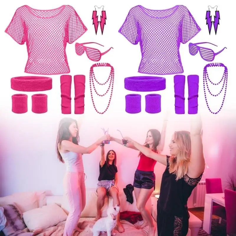 Acessórios fantasia 270d 80s para mulheres, vestido extravagante, brincos, luvas colar para festa retrô 80s, cosplay