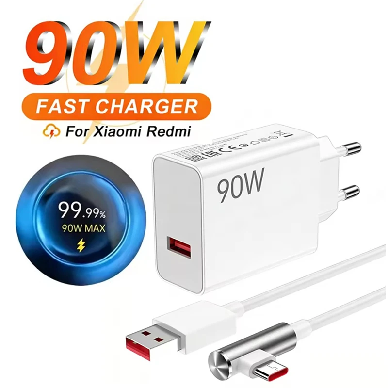 90W Max Turbo EU Fast Charger For Xiaomi 13 14 Ultra 15T pro Redmi Note 14 15 Pro+ POCO F7 F8 X7 X8 with Type-C USB Elbow Cable