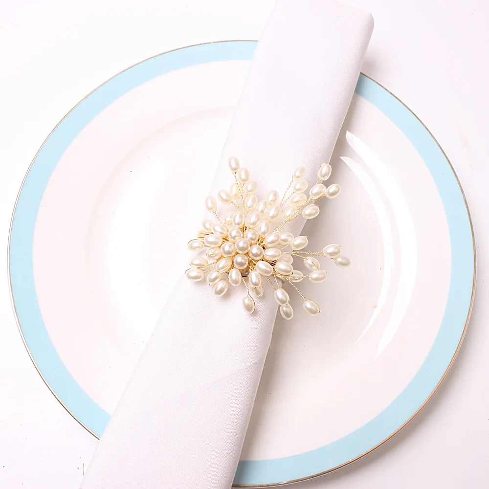 12pcs/lot White Pearl String Floral Napkin Ring Wedding Festive Party Napkin Holder Table Top Decoration Napkin Ring