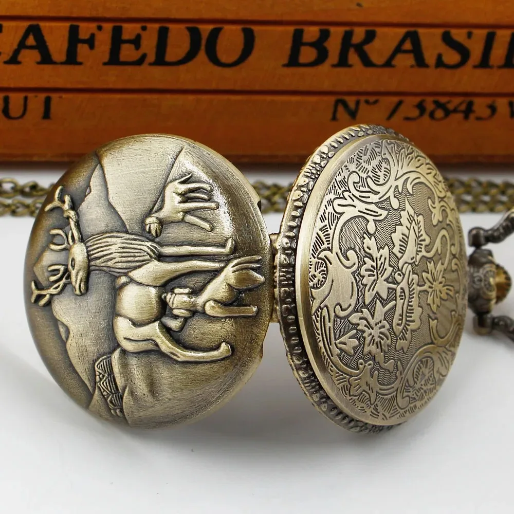 동물 엘크 양각 석영 주머니 시계 체인 남자와 여자의 빈티지 매력 Steampunk 펜던트 목걸이 시계