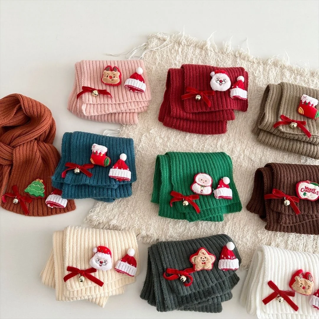 Kids Christmas Knitted Scarf Girls Boys Santa Snowman Bell Warm Soft Winter Outdoor Holiday Party Child Neck Warmer Accessory