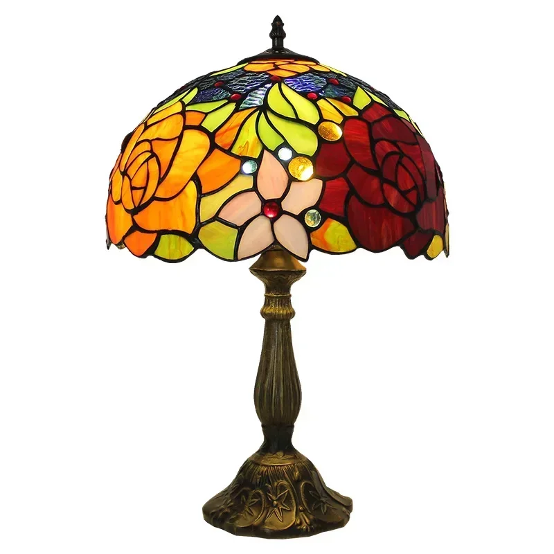 12inch 30cm American Tiffany Lampshade Rose Stained Glass Retro Pastoral Bedside Table Lamp Bar Cafe