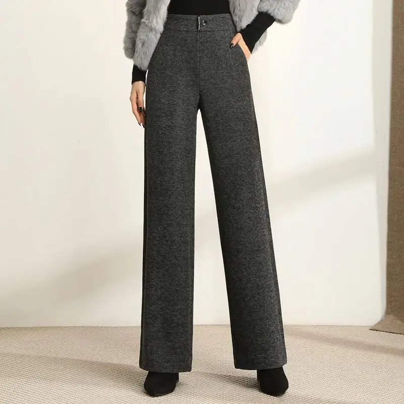 

Autumn Winter Woolen Suit Pants Women Thick Warm Trousers High Waist Loose Wide Leg Straight Casual OL Office Lady Q451