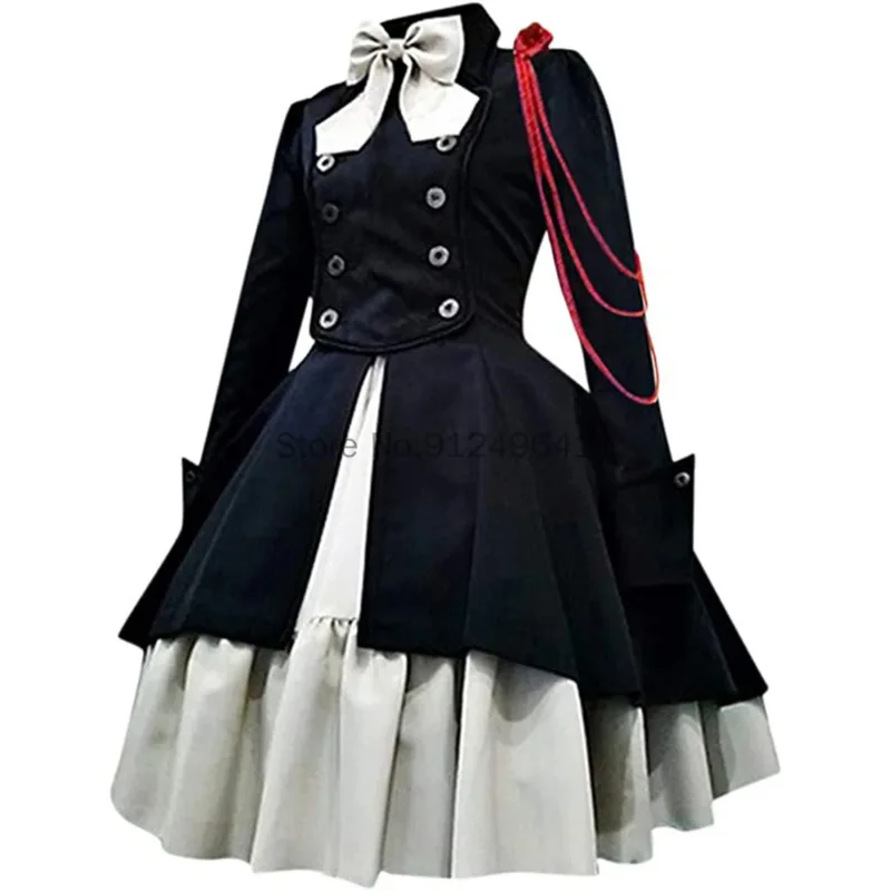 Średniowieczna sukienka damska Steampunk Classic Retro Lolita Gothic Black Lace Up Chain Bow Coat Long Sleeves Ruffle Lady Slim Costume