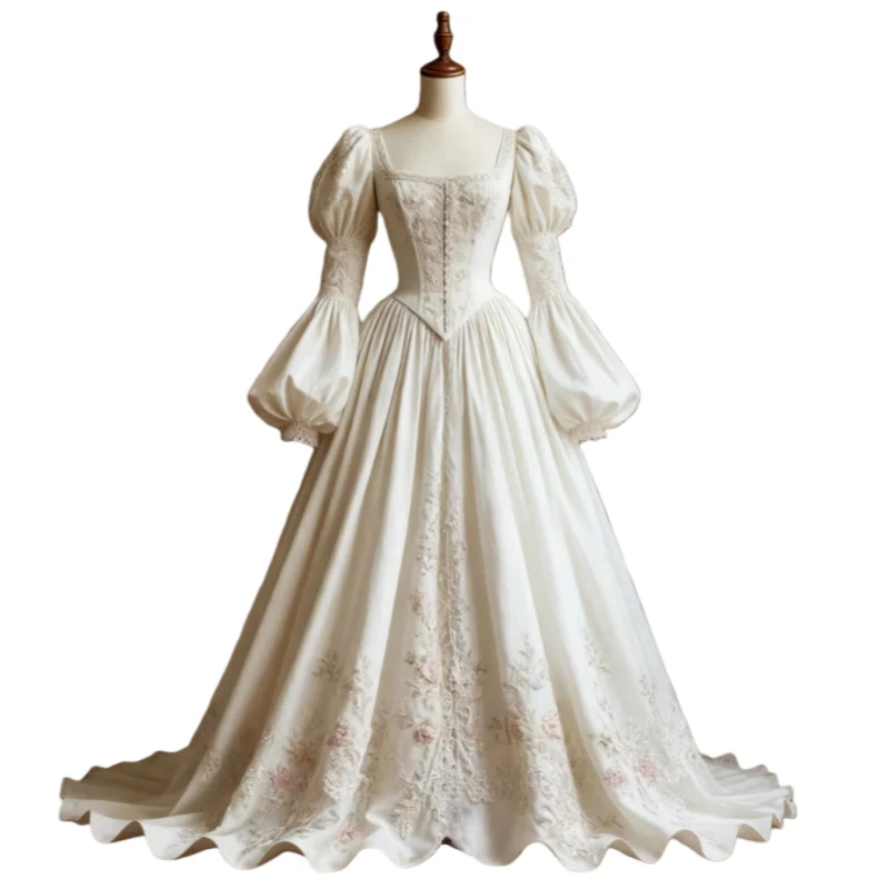 فستان الزفاف الأبيض الفيكتوري خمر الدانتيل يزين كم طويل ساحة طوق القرون الوسطى الأميرة الساتان ثوب العروس مخصص