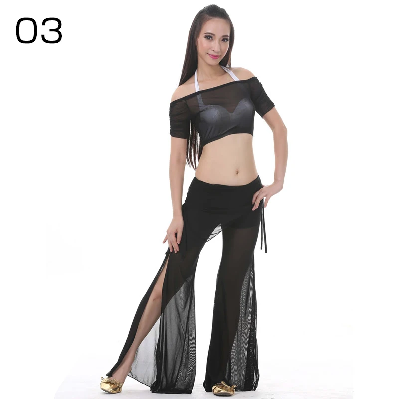 Women Belly Dance Leotards Tops + Split Pants Suit Sexy Transparent Belly Dance Gauze Mesh Tops Lady Belly Dancing Wear Outfit