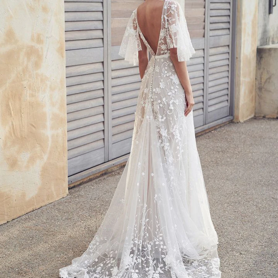 Illusion col en v robe de mariée Applique dentelle manches courtes longueur de plancher Train Sexy dos nu Tulle plage robes de mariée Simple 2025