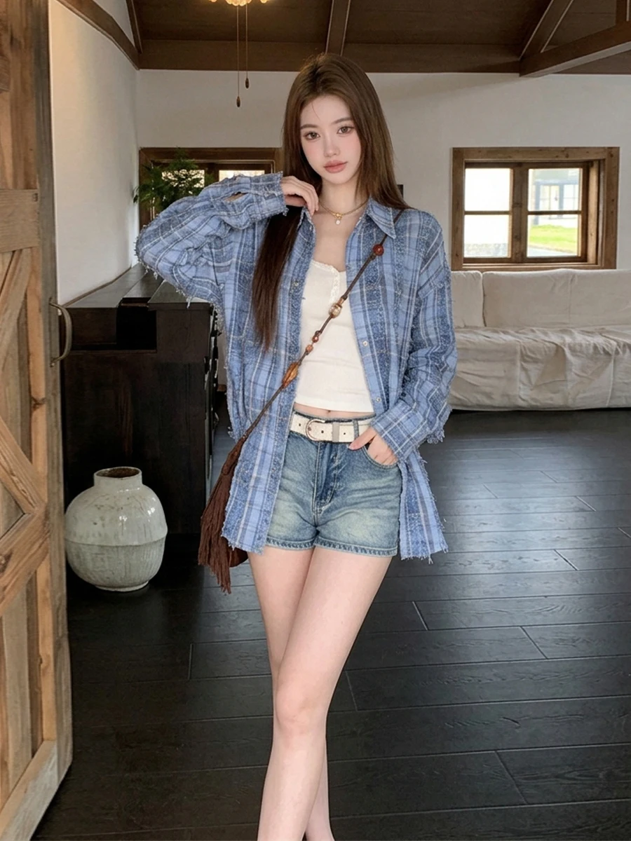 Retro Style Loose Women's Long Sleeve Shirt Korean Blue Plaid Contrast Color Autumn New Style Medium Length Tassel Trim Shirt