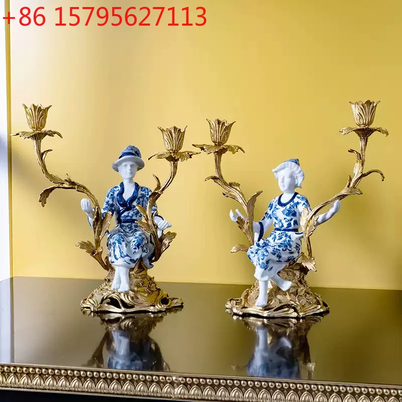 

Oriental Chinoiserie Candlestick Candle Holder Pair Porcelain Figural Ormolu Girl Boy Blue And White Ceramic Brass Candelabra
