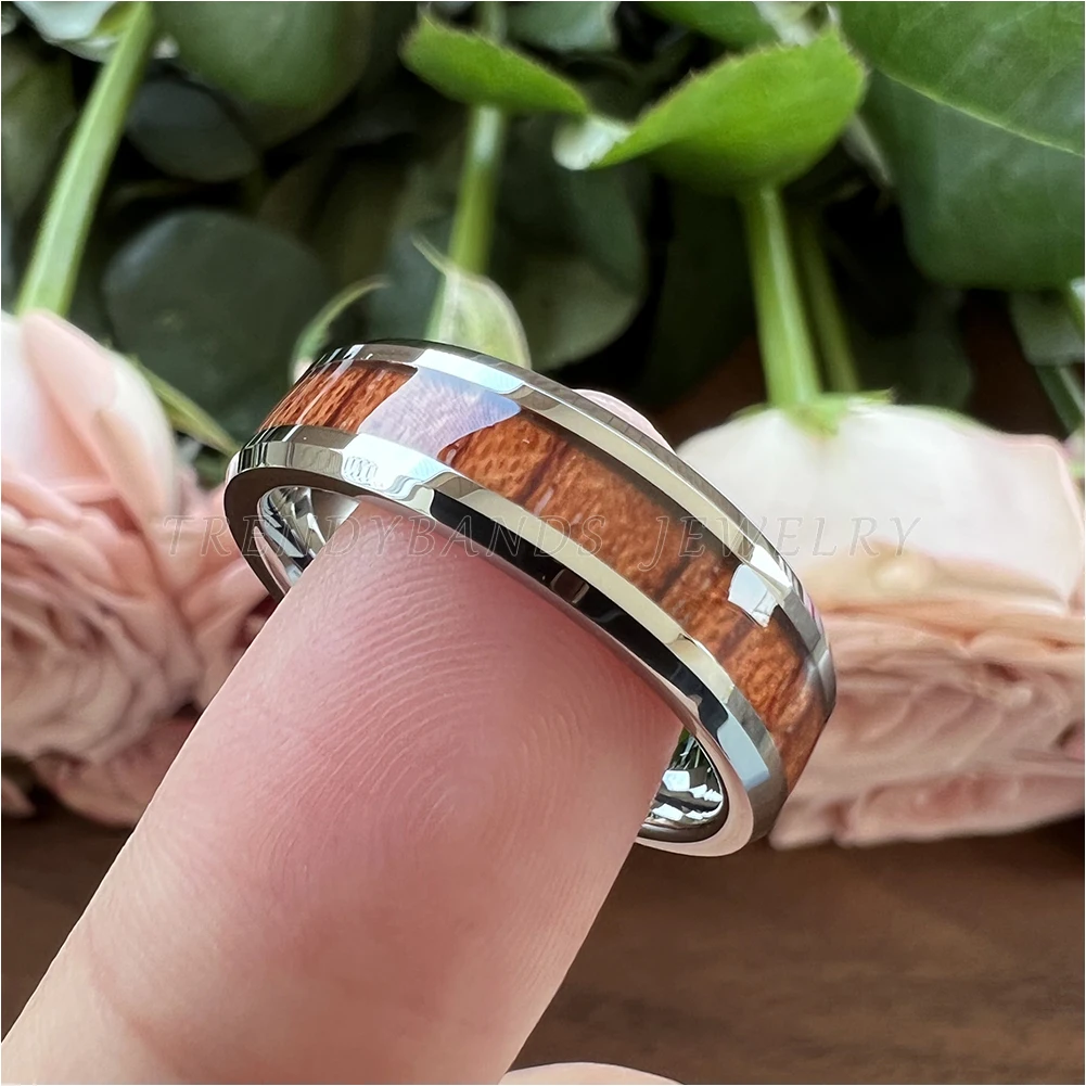 6mm Tungsten Carbide Wood Ring for Men Women Jewelry Band Bevel Polished Shiny Comfort Fit