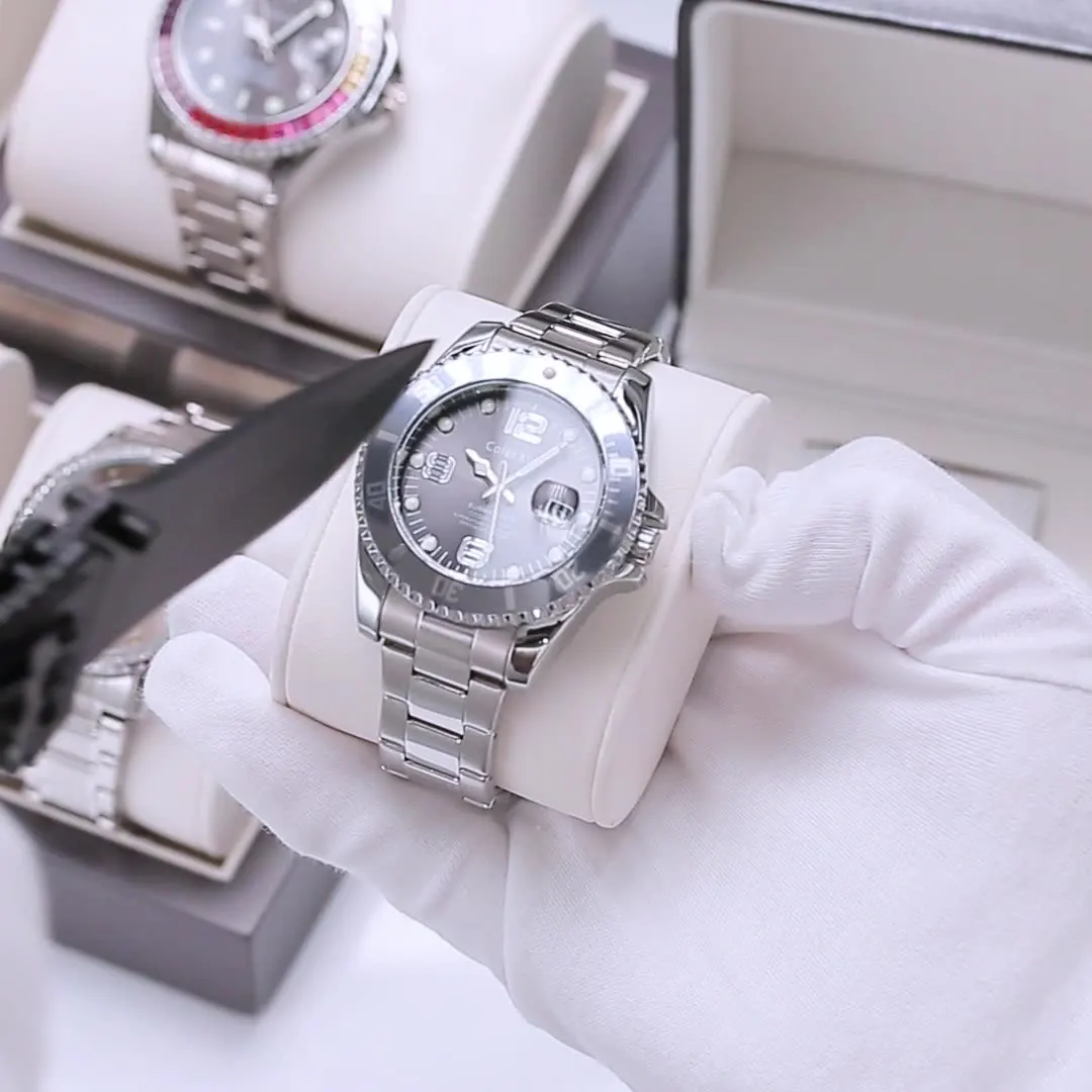 ساعات رجالية كلاسيكية على الموضة مقاومة للماء من الفولاذ المقاوم للصدأ كوارتز ساعة يد محاكاة حركة ميكانيكية مرآة معدنية غواص