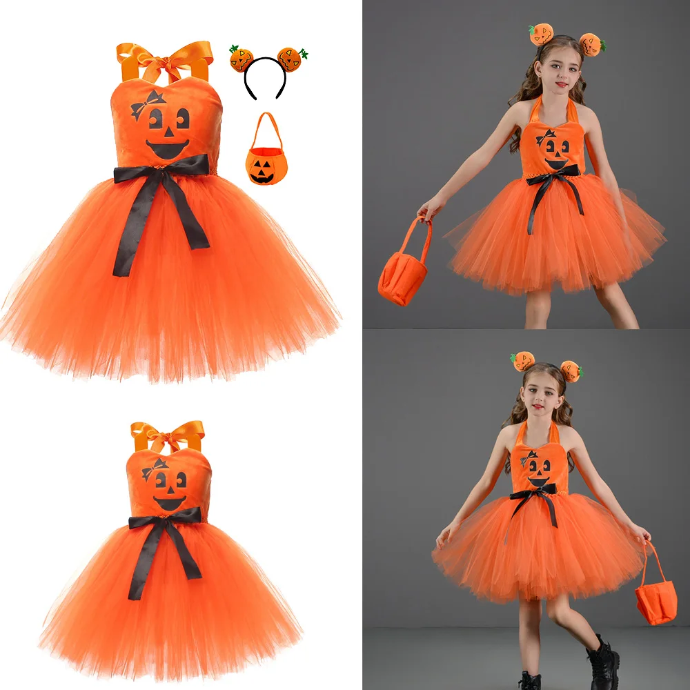 Halloween Pumpkin Festival Cosplay para meninas, vestido Tutu, Headwear, bolsa, traje de performance de palco, festa de carnaval, fantasia para crianças