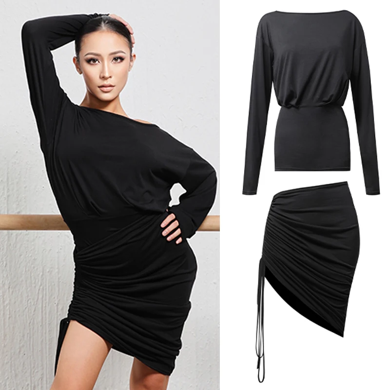 2022 Women Latin Dance Costume Black Set Long Sleeves Tops Drawstring Skirt Adult Practice Clothing Rumba Dancing Dress DNV16971