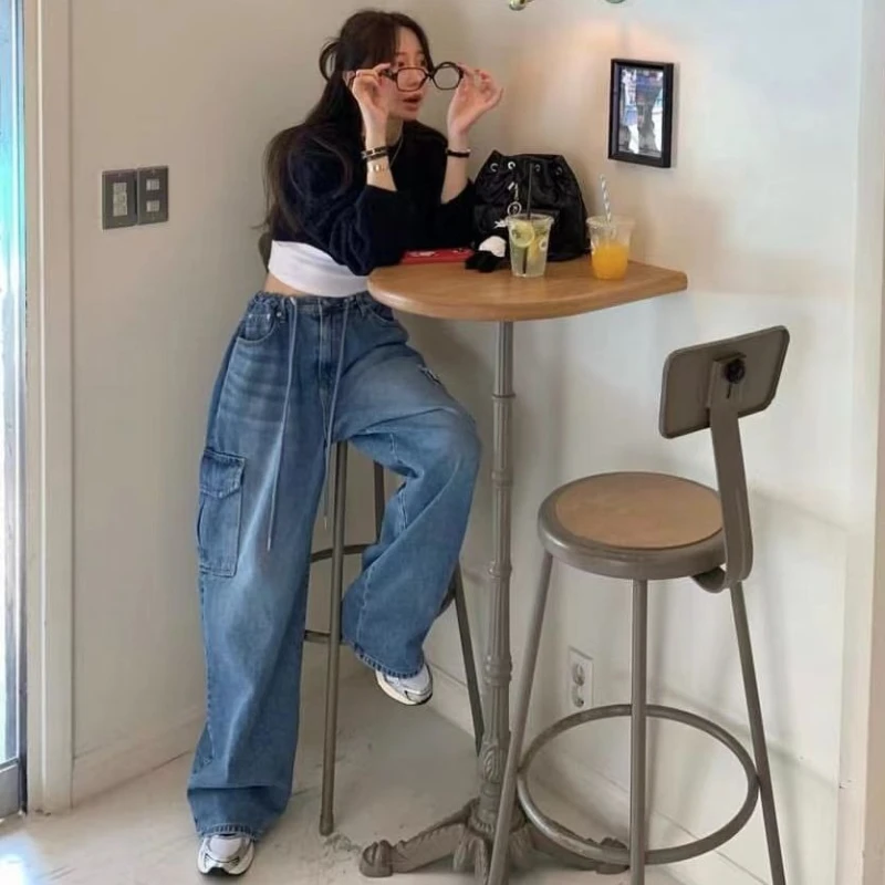 Drawstring Large Pocket Neutral Loose Overalls Denim Wide-leg Pants