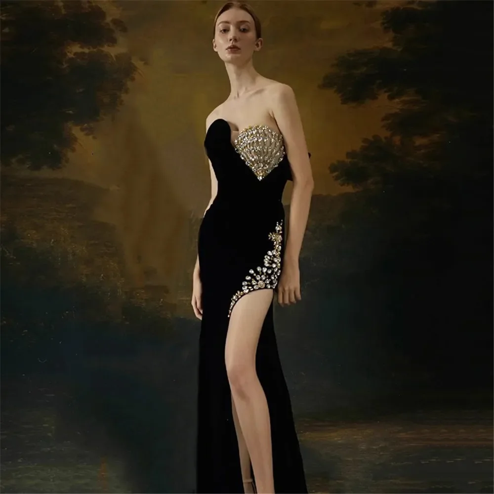 Women Sexy Strapless Golden Crystal Bodycon Long Bandage Dress Fashion Celebrate Evening Party Birthday Photo Shot Wear