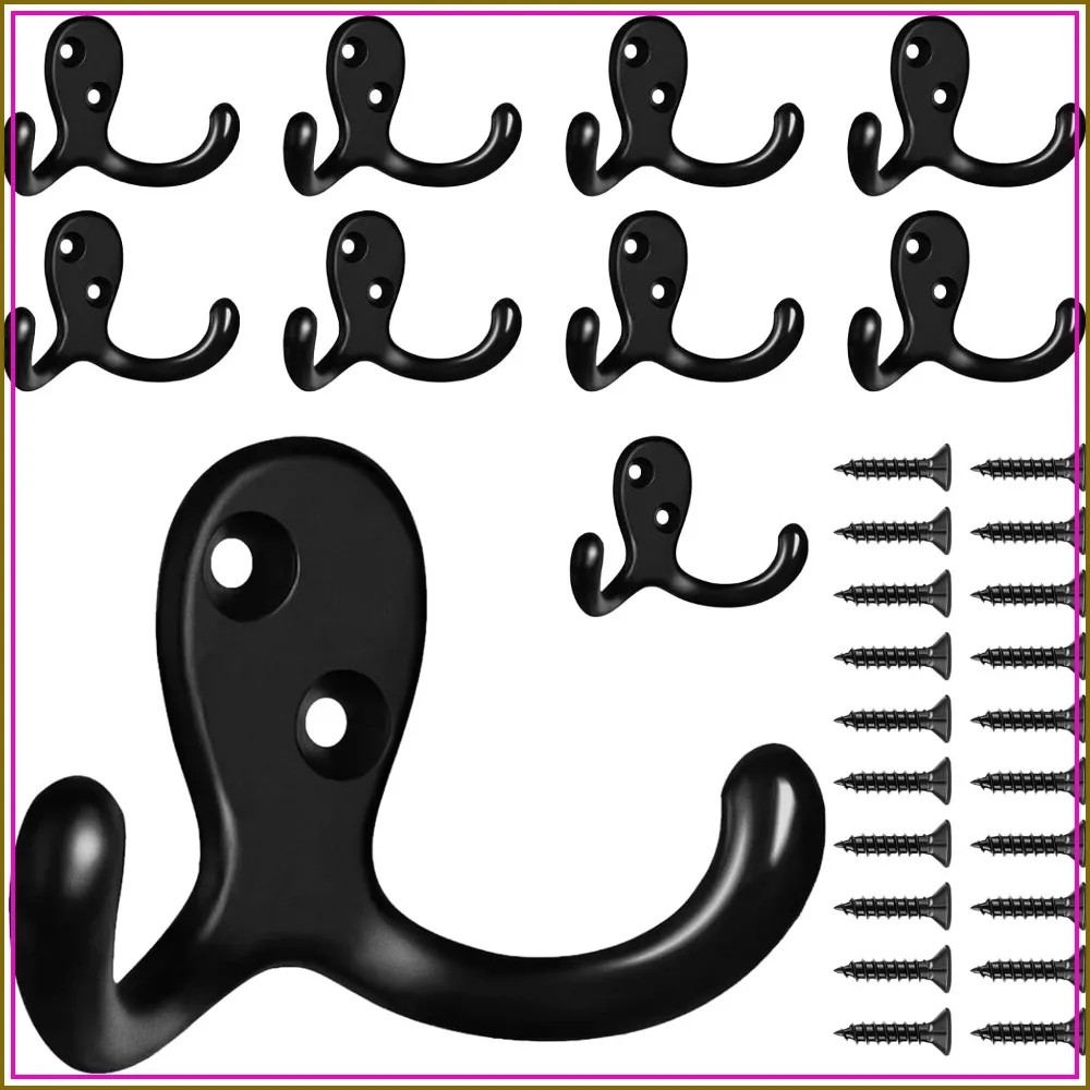 10 Pack Heavy Duty Double Prong Coat Hooks Wall Mounted for Hanging Coats, Bags, Towels, Hats, Keys - Black