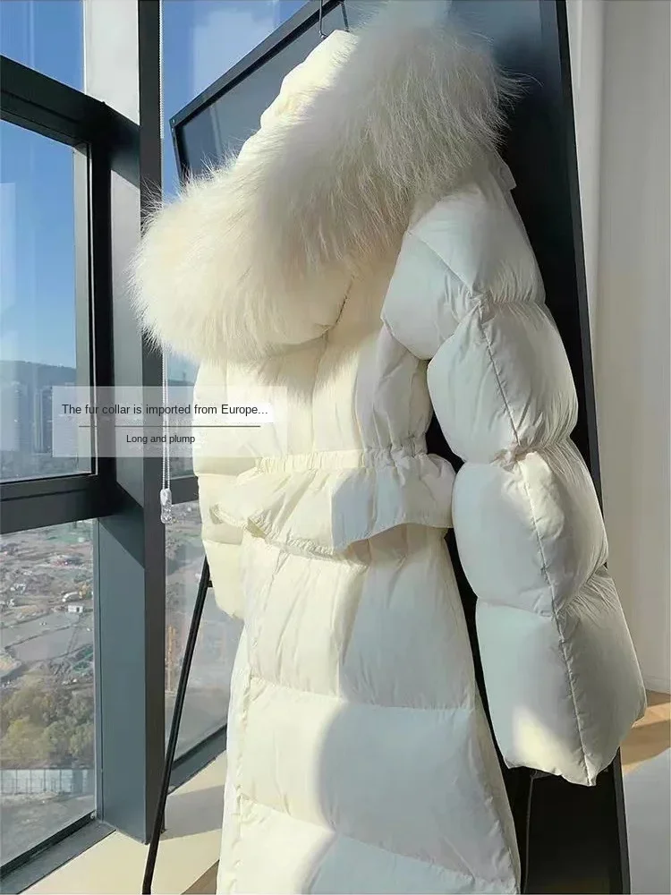 Luxury Natural Fox Fur 2024 Winter Women Puffer Jacket Long Parkas 90% White Duck Down Coats Hooded Warm Rouched Waist Outwear