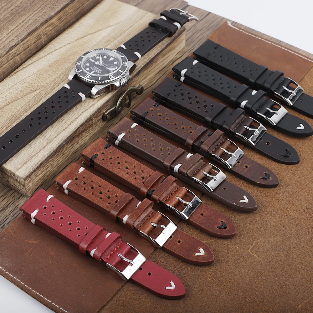 Retro Genuine Leather Watchband 18mm 20mm 22mm 24mm Calfskin Watch Straps Porous Breathable Handmade Stitching for Men