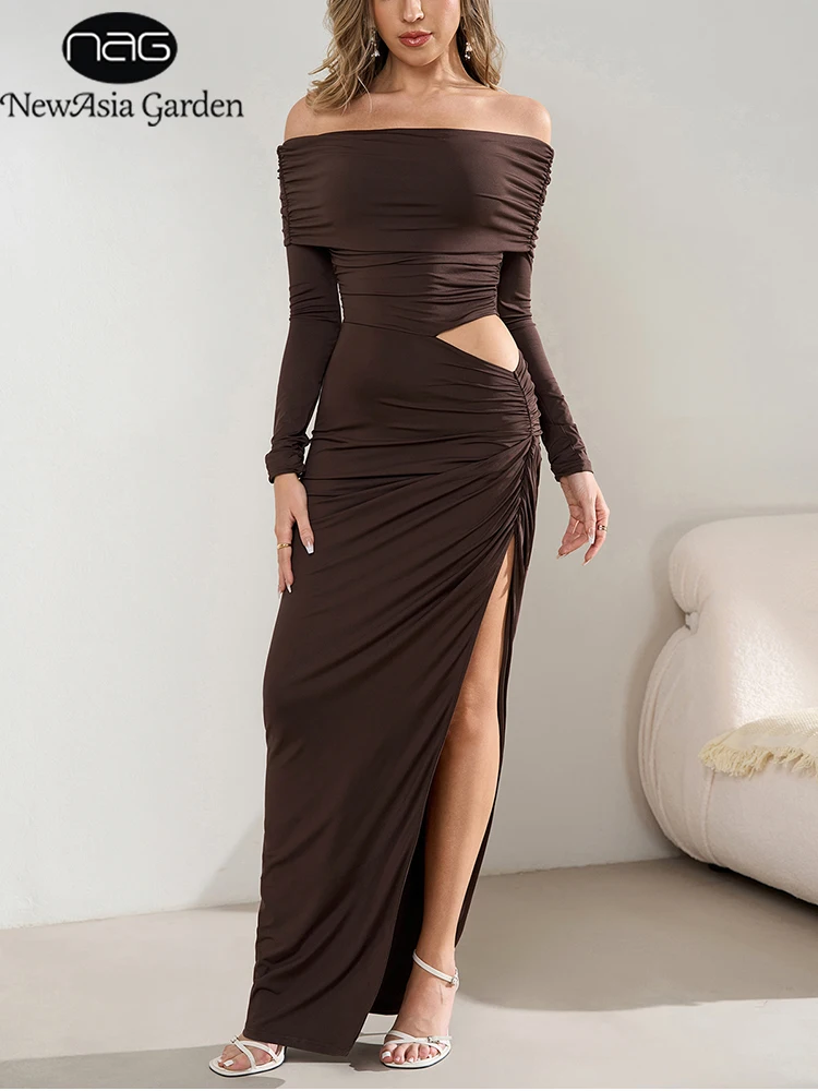 NewAsia レディースドレス サテン ストラップレス バックレス チェストラッピング フォールド サイドスプリット エレガント セクシー クラブ イブニングパーティー ロングスカート