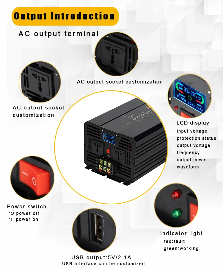 Puissance automobile à onde sinusoïdale pure Sicile, convertisseur DC 24V à AC 4000 V, chargeur USB, écran LCD intelligent, 220 W