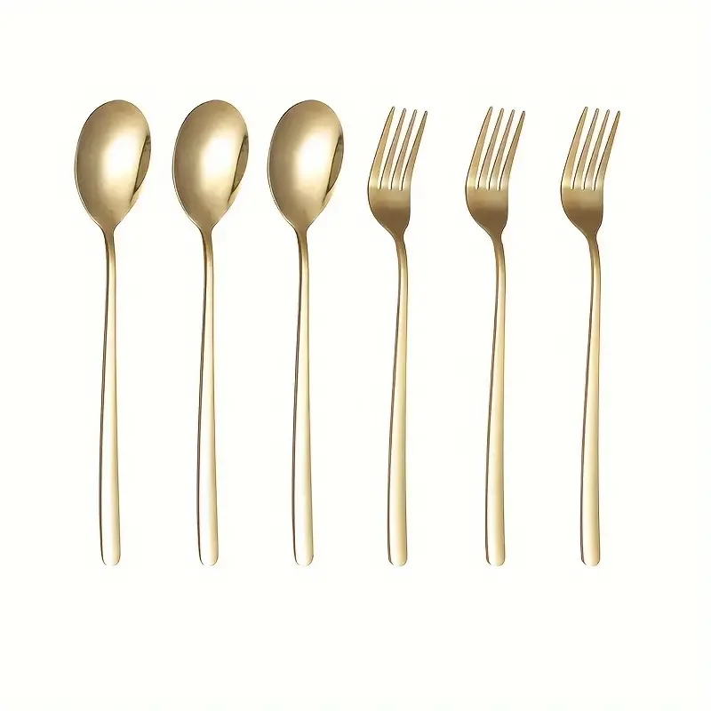 

6-piece stainless steel gold Korean spoon and fork set, machine washable, suitable for restaurants, weddings, parties