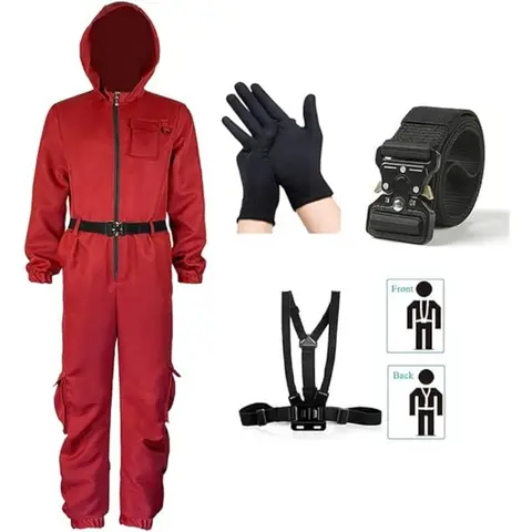 Adult Calamari Game Costume Guard Cosplay Jumpsuit Outfit Teenagers Tracksuit Hooded Overall Belt Gloves Mask Set Halloween
