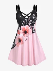 ROSEGAL Pink Women's Casual Criss-Cross V-Neck Dress, 2026 New Summer Floral Prin A-Line Trapeze Kneet Length Sundress