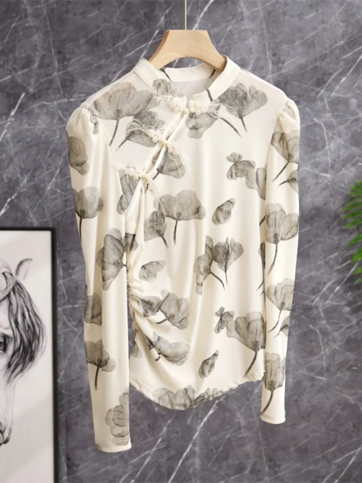 

Элегантный женский топ Ele Oriental с пуговицами из страусиных перьев, черно-белым цветочным принтом, приталенный крой, красивый укороченный топ