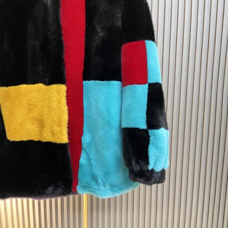 Fashion Casual Mid-Length Hooded Color-Block Versatile Faux Fur Coat Womem's Winter New Long Sleeves Colorful Loose Furry Jacket