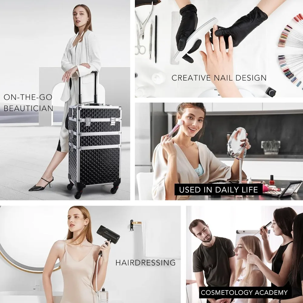 Professional 3-in-1 Rolling Makeup Train Case with Large Storage, Swivel Wheels, and Lockable Keys for Salon and Barber Use