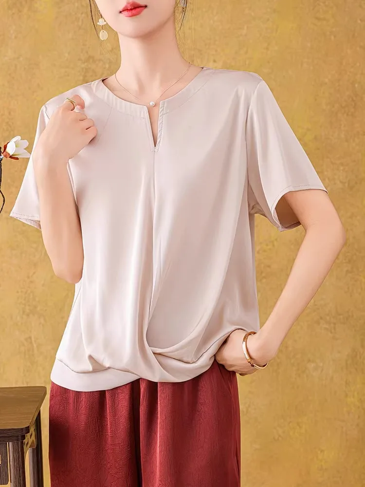 الصيف خلات الساتان ort Sve تي شيرت المرأة Faionable f Sve قاعدة لون نقي فضفاض ملابس خارجية