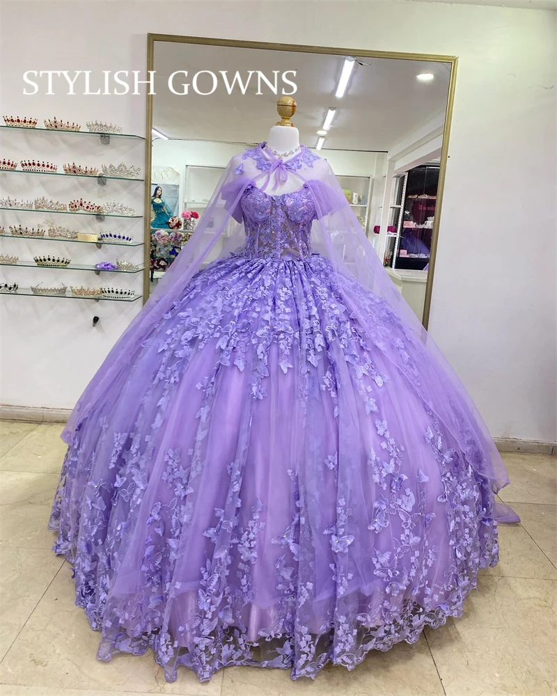 

Purple Sweetheart Quinceanera Dresses Applique Ball Gown Beaded Formal Prom Graduation Gowns Butterfly Cape Vestidos De 15 Año