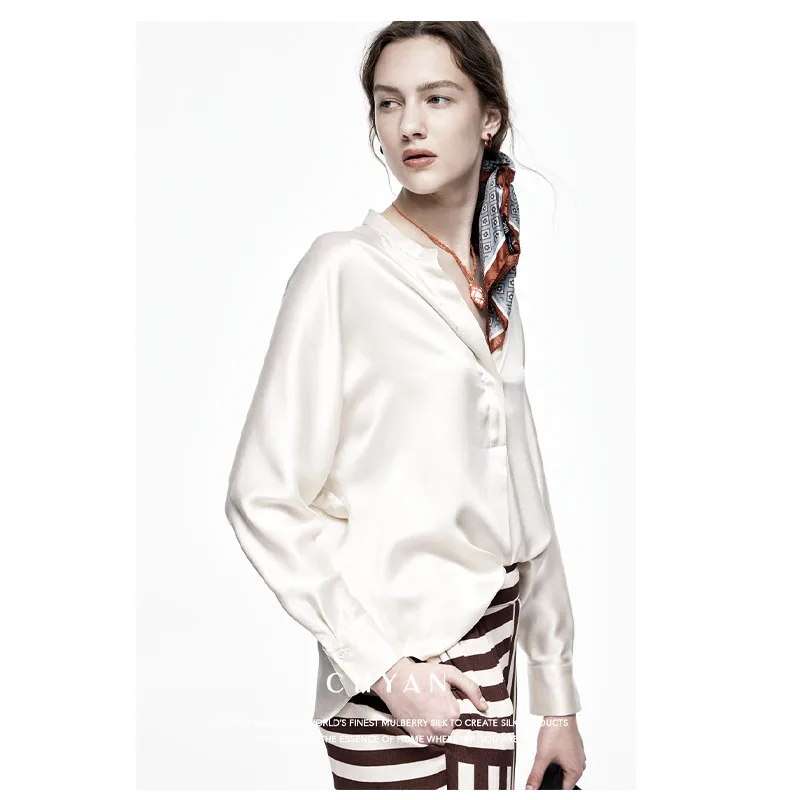 Fengbaoyu High-end Silk Women's Shirt Long-Sleeved V-Neck Elegant Silk Top Loose and Comfortable Fashionable Shirt