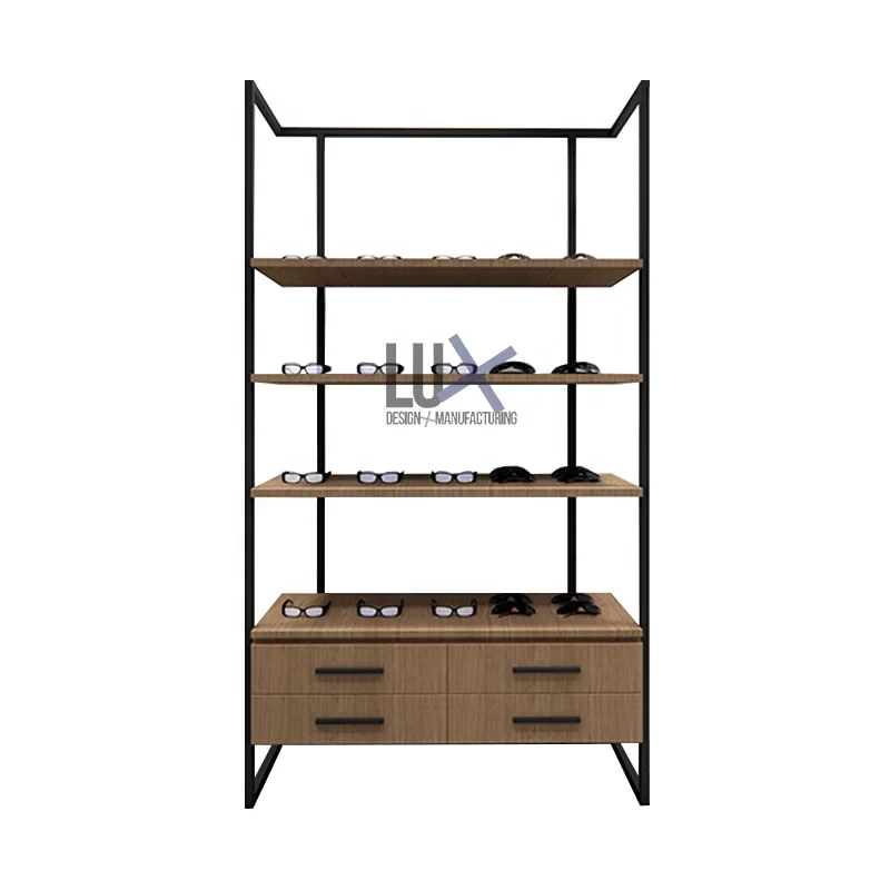 custom.Interior Design Retail Sunglasses Eyeglasses Showcase Cabinet Wood Metal Shelves Gold Winner-POPAI Awards 2016 5-Year