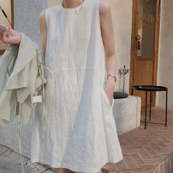 Summer New Round Neck Fashion Sleeveless Midi Dress Women Casual Loose Solid Color Dresses Ventilate Comfortable Chic Vestidos