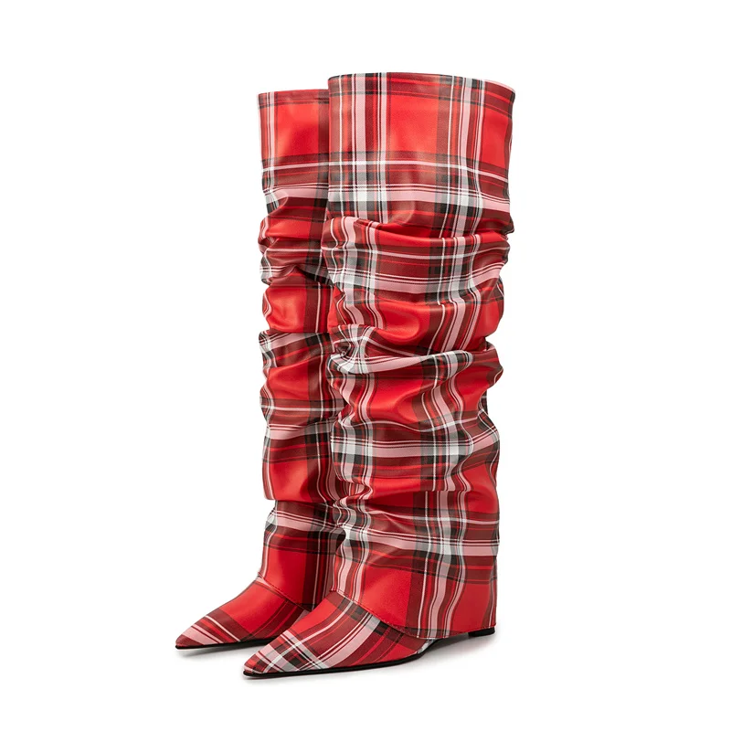 European and American Fashion PU Plaid Knee Length Slim High Heel Sleeve Boots, Women\'s Sexy Nightclub Stage Runway Boots