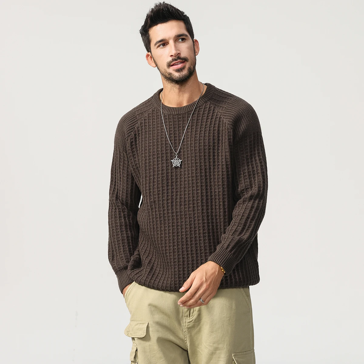 Retro American Style Waffle Knit Sweater - 2025 Autumn Winter Men's Loose Relaxed Fit Pullovers High Quality Plus Size 4XL