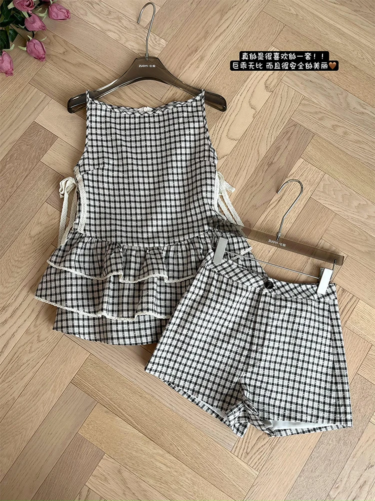 Summer Women Korean Fashion Cute Core Mori Girl Suit Birthday Vacation Plaid Outfits 2 Piece Set Vintage Camisole + Gyaru Shorts