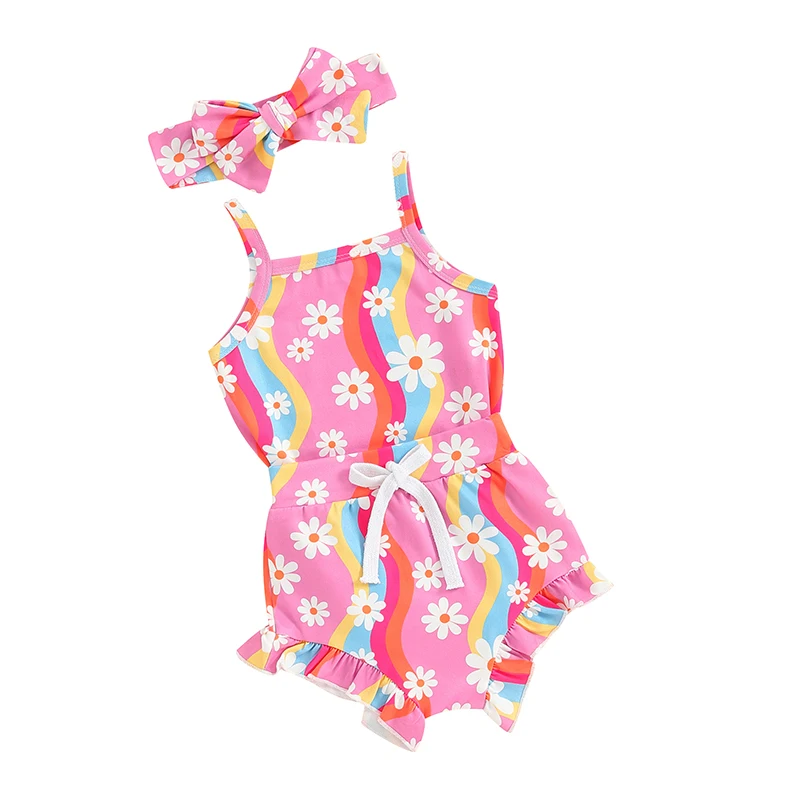 Newborn Baby Girls Clothes Sets Floral Print Sleeveless Bodysuits Ruffles Drawstring Summer Shorts Headband