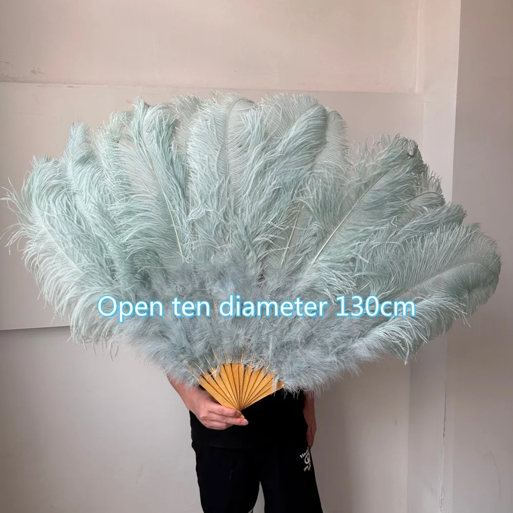 130CM Big Light blue Ostrich Feather Fan 13 Bone Hand HeldPlumes Fan for Wedding Party Belly Dance Stage Performance Photography