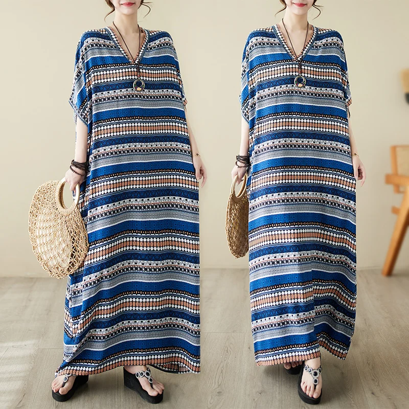 

Summer Fashion Beach Comfortable Striped Vintage Print Bourette Dress Female Short Sleeve Loose Casual V-neck Floor Length Frock