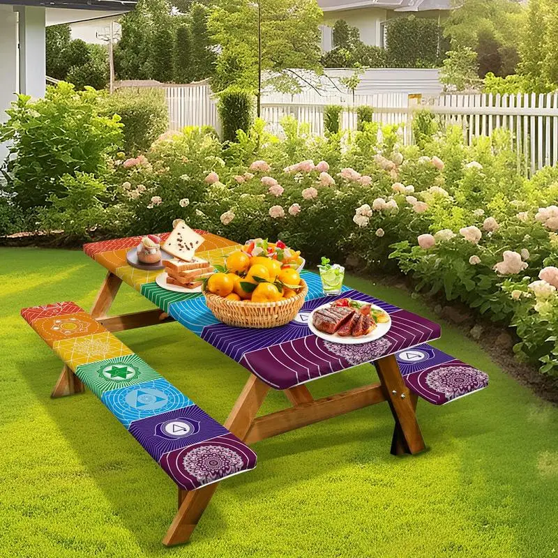 Fitted Picnic Table Cover 3 PCS Geometric Design Camping Tablecloth Portable Patio Table Covers Outdoor Bench Cover For