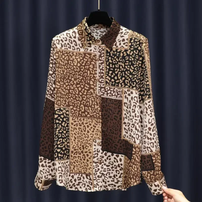 2024 Spring New Leopard Patchwork Print Satin Shirt Women Korean Style Polo Neck Long Sleeved Blouses Elegant Fashion Casual Top